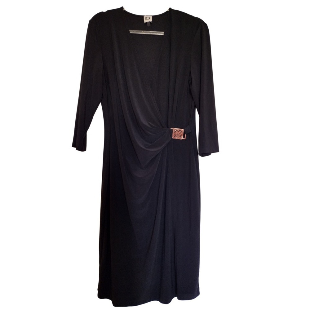 Ann Klein Dress Woman's 14 Black Mid Length Ruched Surplice Neck Long Sleeve